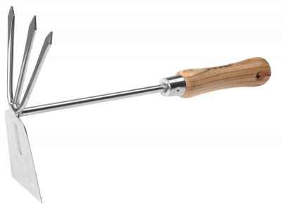 Мотыжка ЗУБР ЭКСПЕРТ комбинированная из нерж. стали, деревянная ручка из ясеня, прямое лезвие + 3 зубца, 190х80х330мм