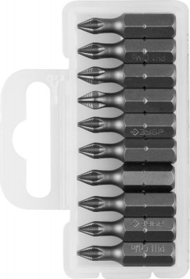 Биты ЗУБР МАСТЕР кованые, хромомолибденовая сталь, тип хвостовика C 1/4, PH1, 25мм, 10шт