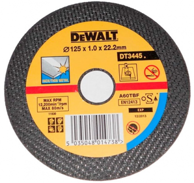 Диск отрезной плоский по нержавеющей стали для УШМ (125х22,2х1 мм) Dewalt DT 3445