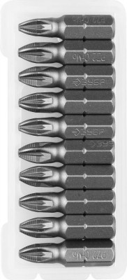 Биты ЗУБР МАСТЕР кованые, хромомолибденовая сталь, тип хвостовика C 1/4, PZ2, 25мм, 10шт