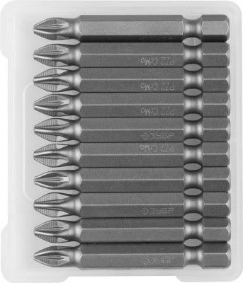 Биты ЗУБР МАСТЕР кованые, хромомолибденовая сталь, тип хвостовика E 1/4, PZ2, 50мм, 10шт