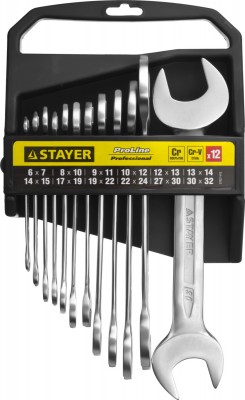 Набор: Ключ STAYER PROFI гаечный рожковый, Cr-V сталь, хромированный, 6-32мм, 12шт 27037-H12