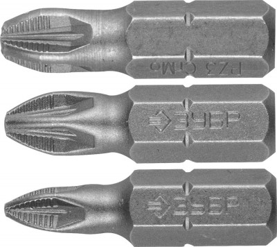 Набор ЗУБР Биты МАСТЕР кованые, хромомолибденовая сталь, тип хвостовика C 1/4, 25мм, PZ1, PZ2, PZ3, 3 предмета