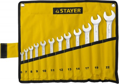 Набор: Ключ STAYER PROFI гаечный комбинированный, Cr-V сталь, хромированный, 6-22мм, 12шт 27081-H12
